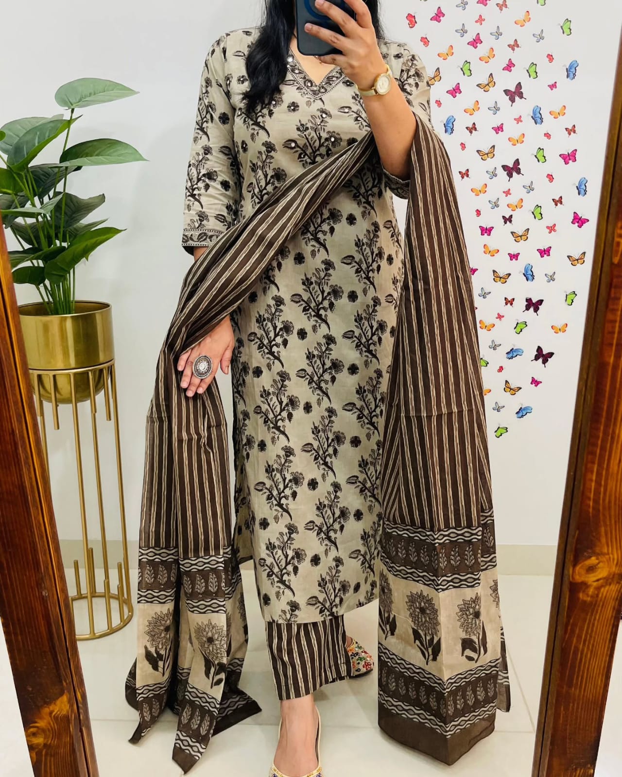 Premium Bagru Cotton Suit Set – Beige & Brown Handblock Floral Print | Kurti, Pant & Striped Dupatta