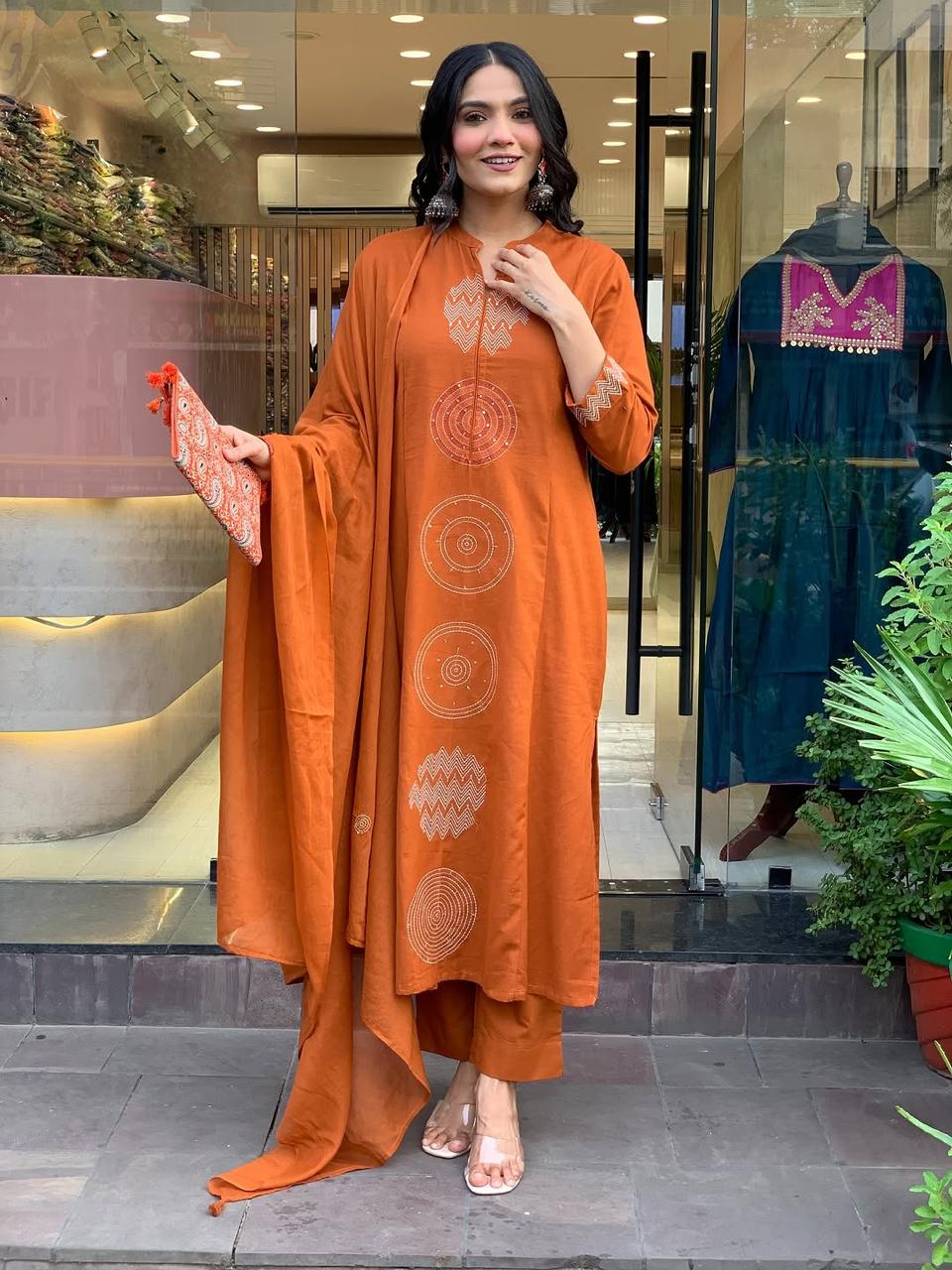 Rust Orange Cotton Kurta Set with Minimal Embroidery and Matching Dupatta