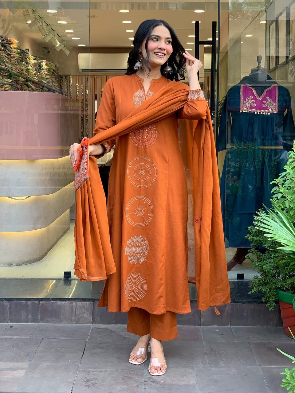 Rust Orange Cotton Kurta Set with Minimal Embroidery and Matching Dupatta