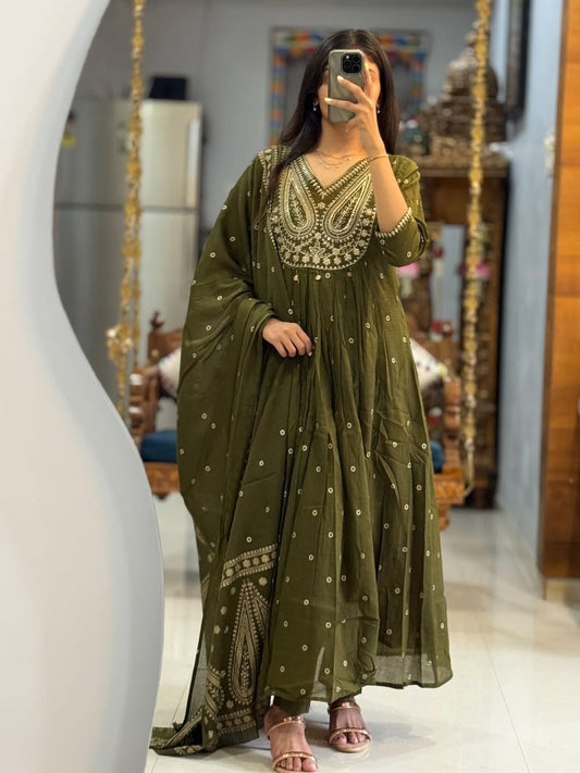 Olive Green Heavy Embroidered Anarkali Kurta Set with Dupatta