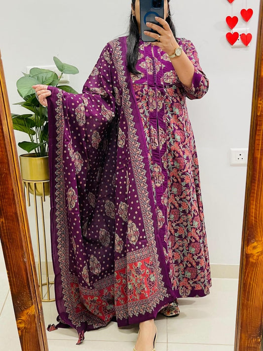 Royal Plum Floral Printed Long Kurta Set