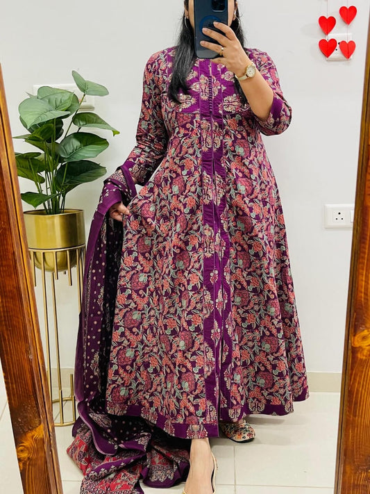 Royal Plum Floral Printed Long Kurta Set