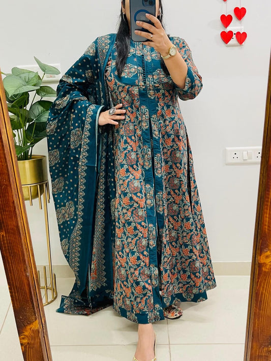 Teal Bloom Printed Front-Open Kurta Set