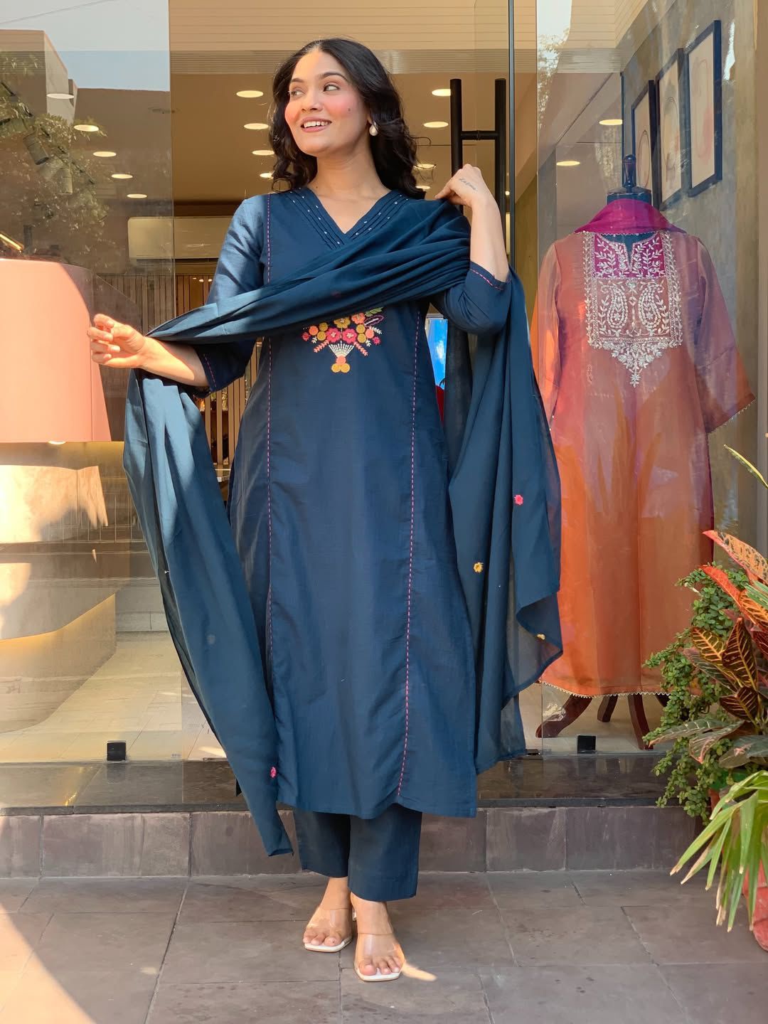 Teal Blue Floral Embroidered Kurta Set with Dupatta