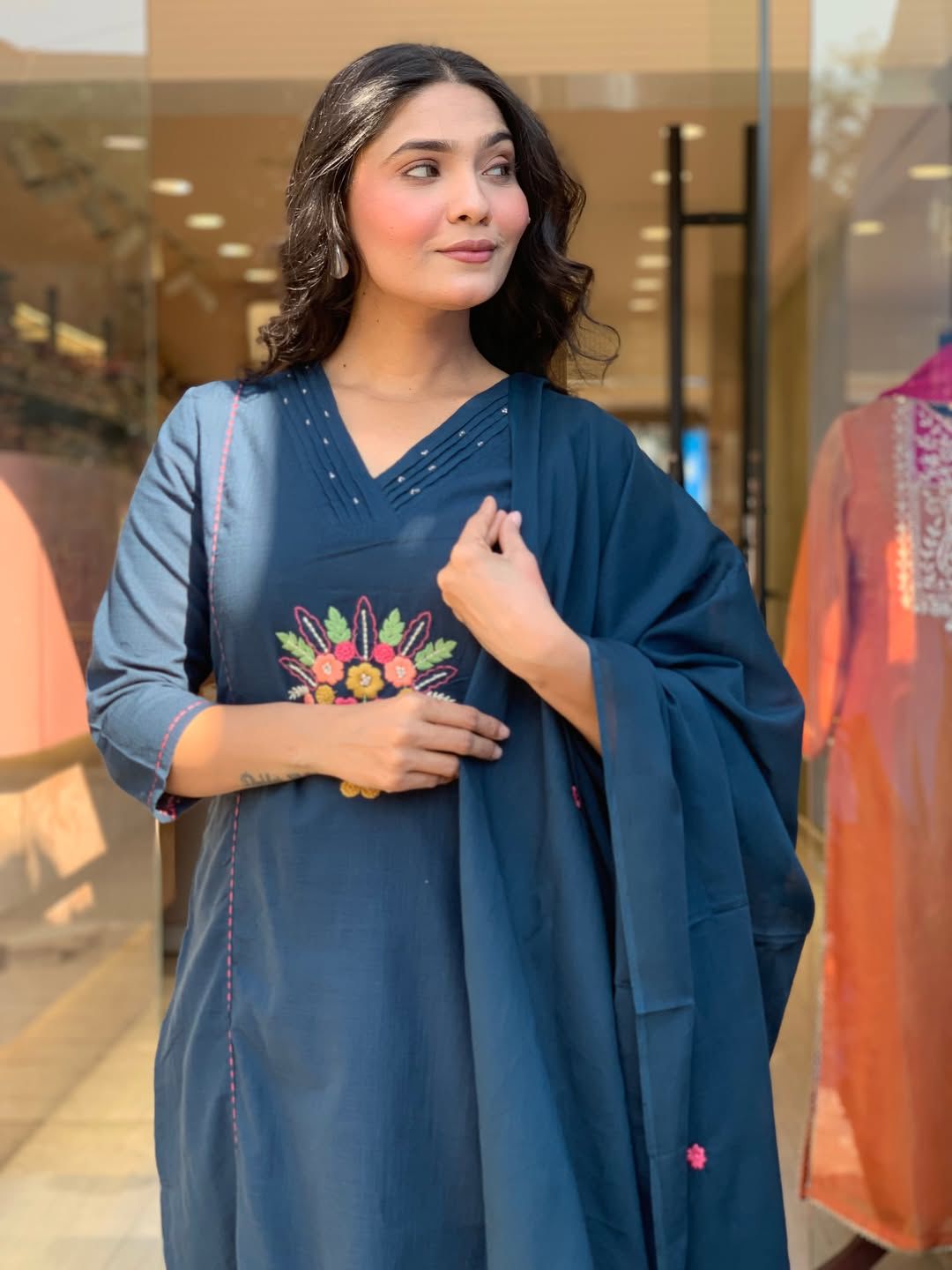 Teal Blue Floral Embroidered Kurta Set with Dupatta