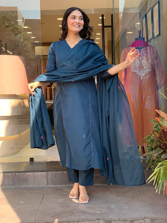 Teal Blue Floral Embroidered Kurta Set with Dupatta