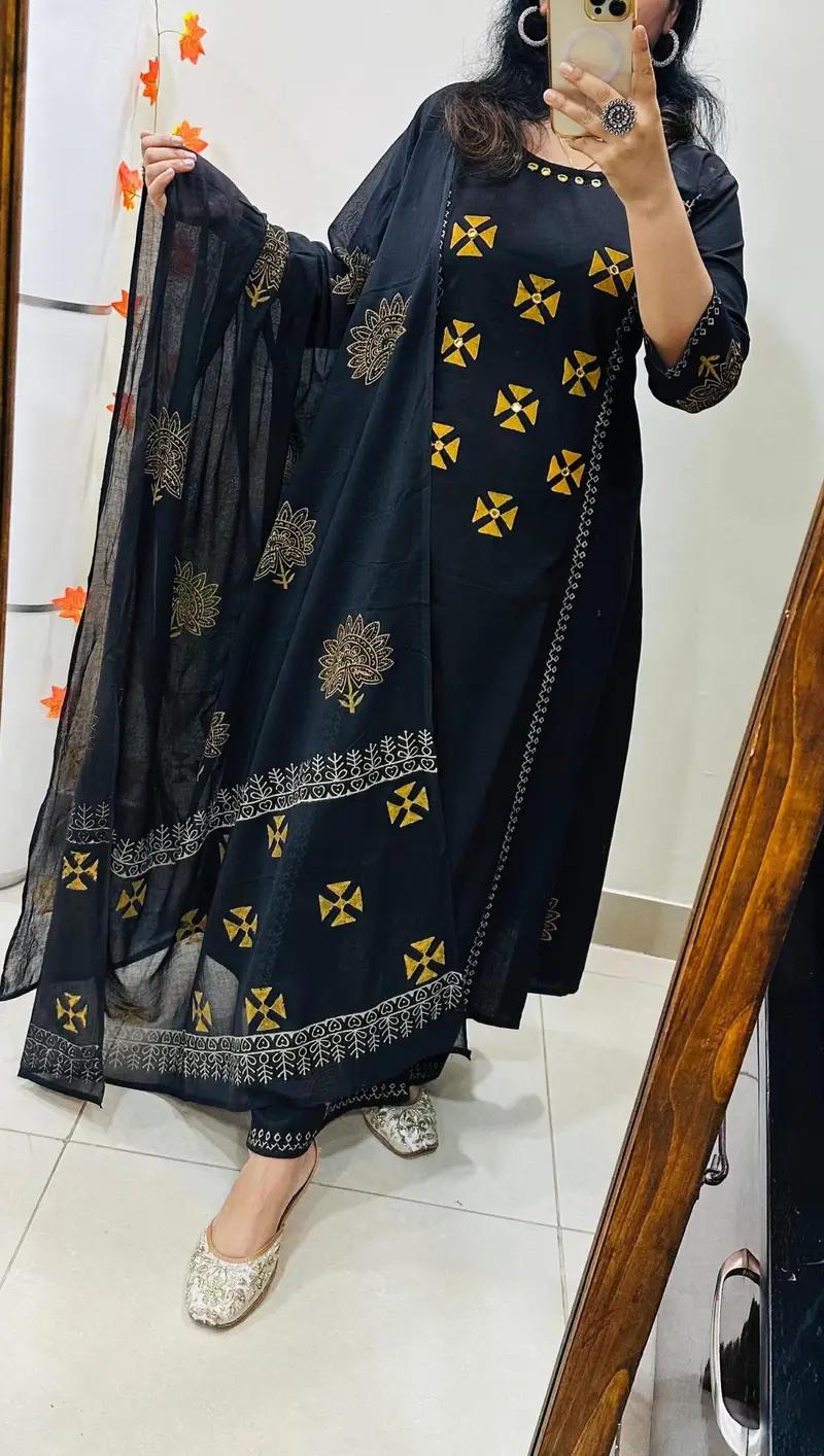 Black Printed Kurta Set with Matching Dupatta
