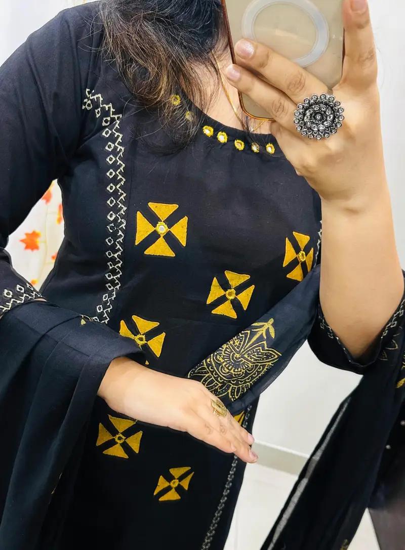 Black Printed Kurta Set with Matching Dupatta