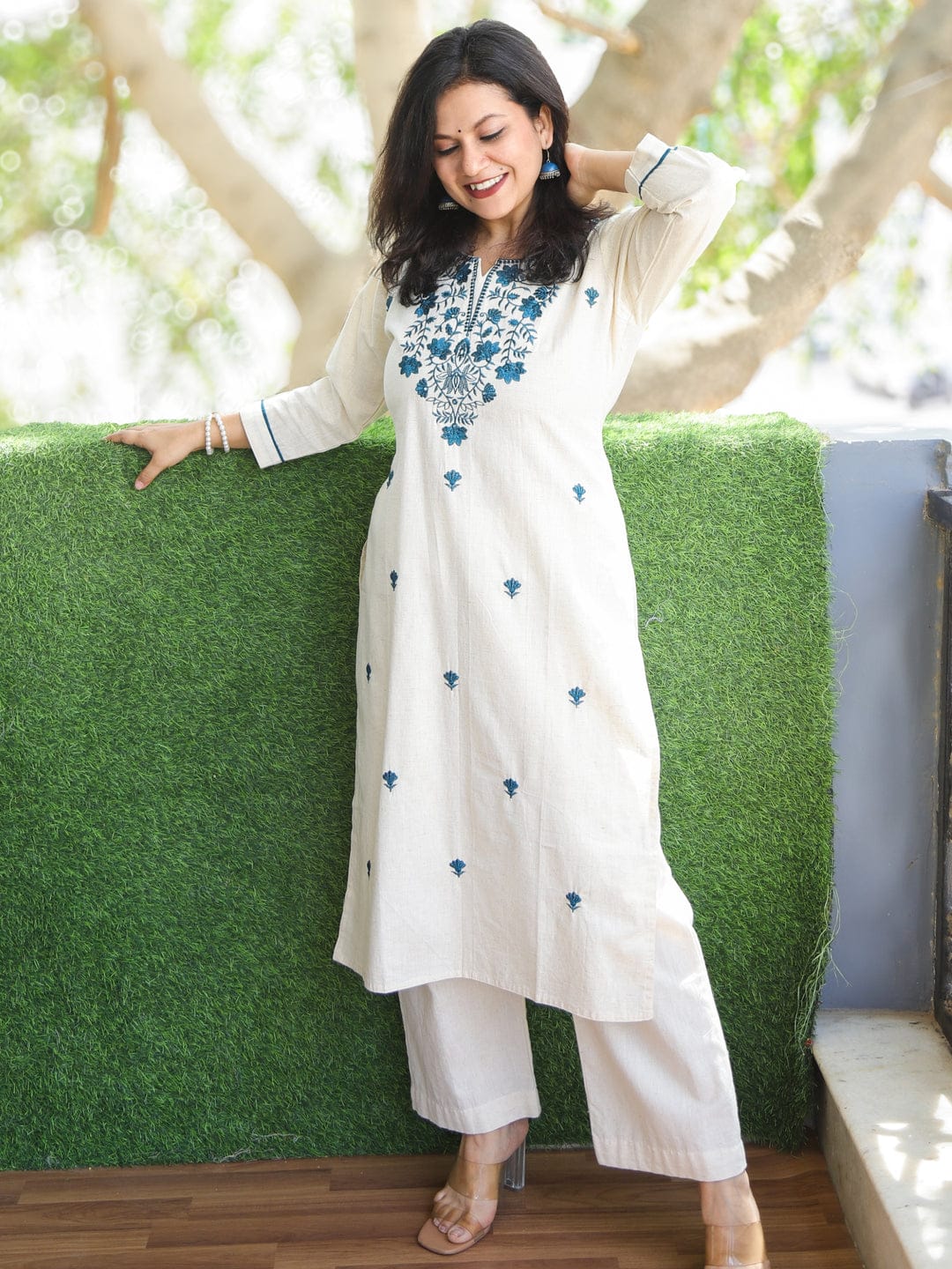 Ivory Blue Thread Embroidered Straight Kurta with Palazzo Set