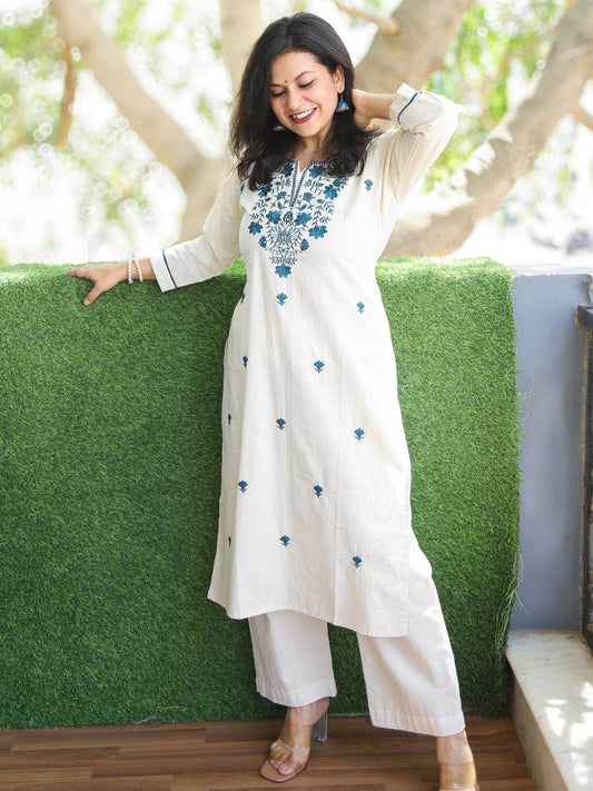 Ivory Blue Thread Embroidered Straight Kurta with Palazzo Set