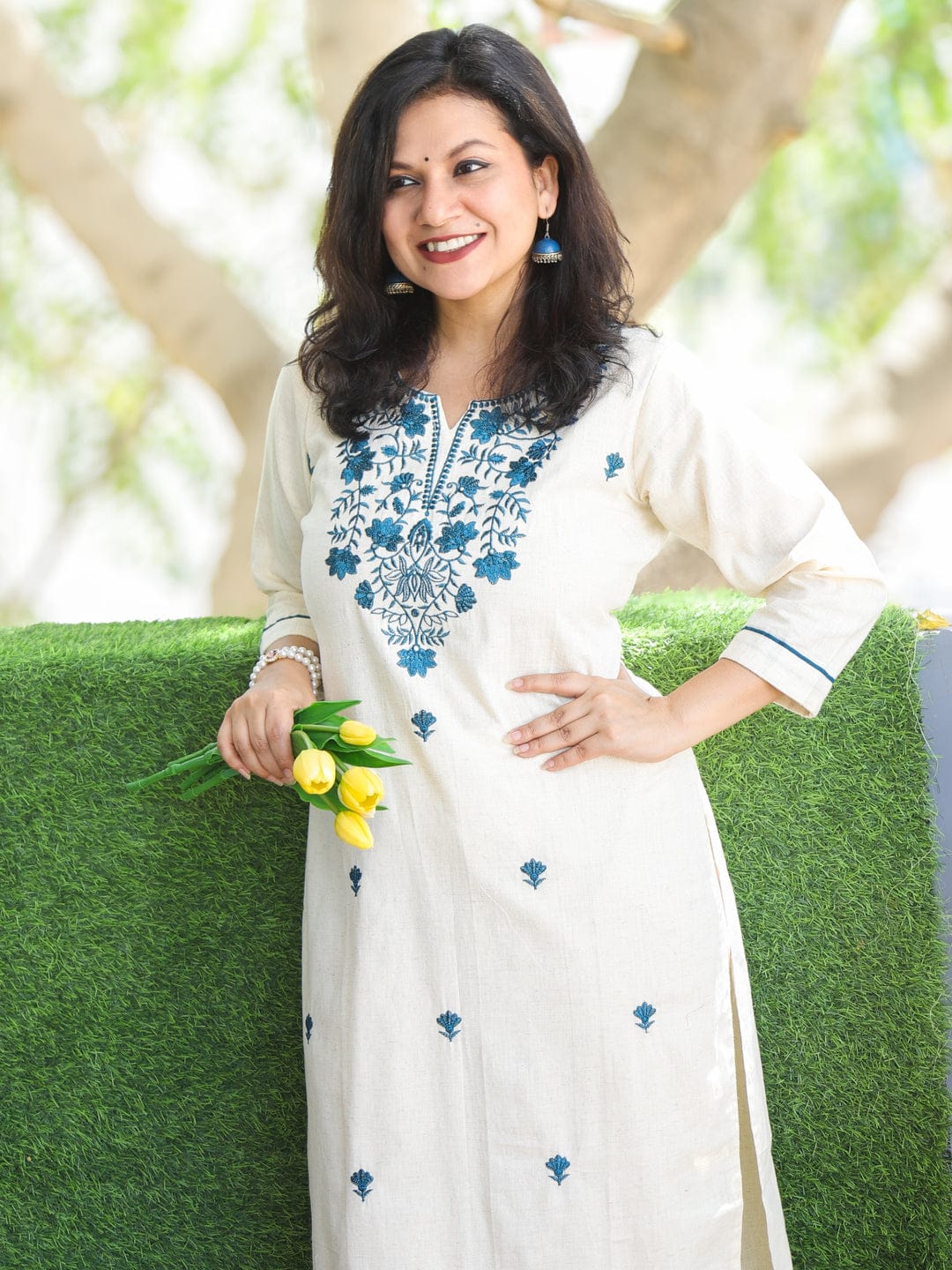 Ivory Blue Thread Embroidered Straight Kurta with Palazzo Set
