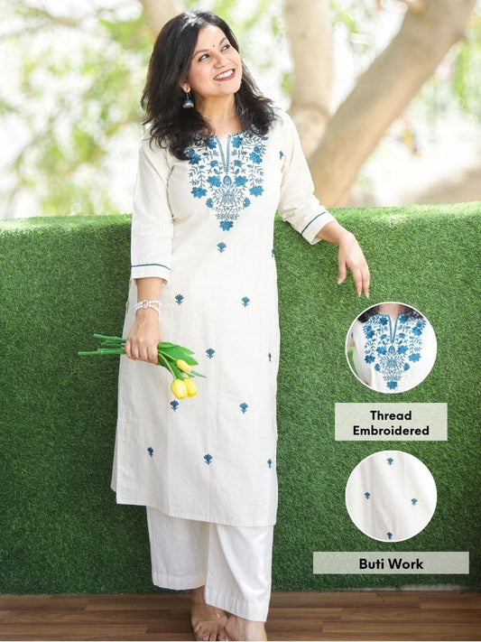 Ivory Blue Thread Embroidered Straight Kurta with Palazzo Set