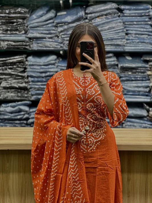 Rust Orange Bandhani Printed Kurta Set with Dupatta