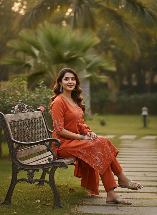 Ethnic Orange Embroidered Kurta Trouser Set with Dupatta