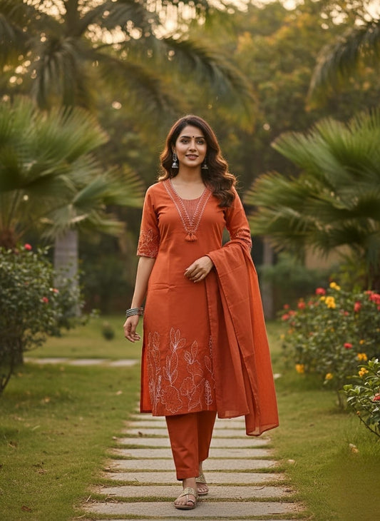 Ethnic Orange Embroidered Kurta Trouser Set with Dupatta