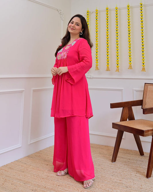 Hot Pink Floral Embroidered Yoke Short Kurti with Palazzo Set