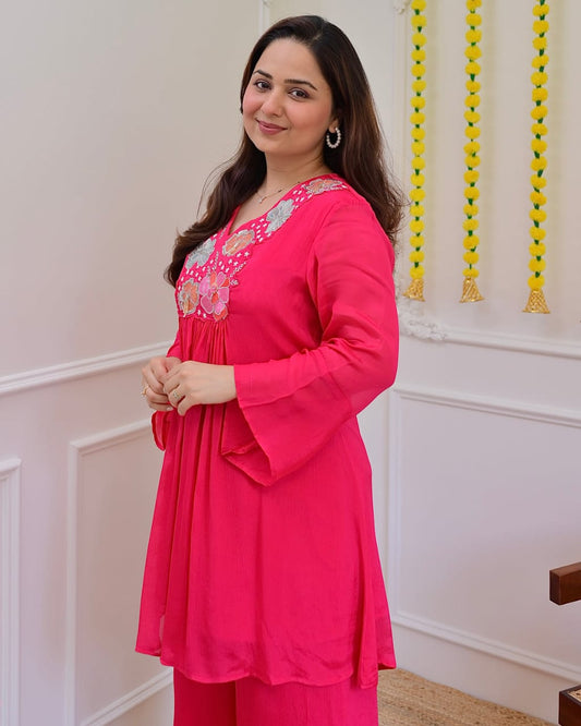Hot Pink Floral Embroidered Yoke Short Kurti with Palazzo Set