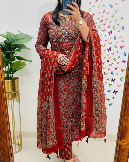 Crimson Red Ajrakh Inspired Printed Cotton Kurta Set with Dupatta