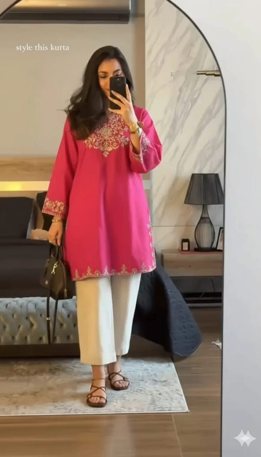 Rani Pink Embroidered Kurta with Off-White Palazzo Set