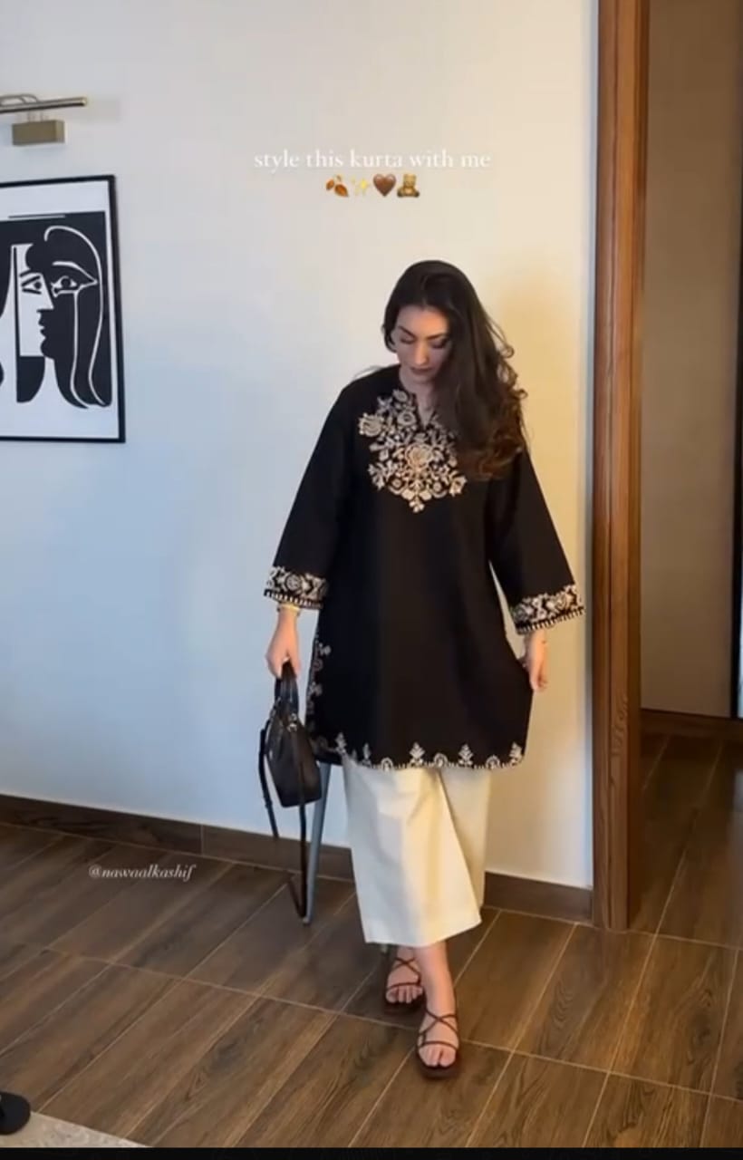Black Embroidered Kurta with Off-White Palazzo Set