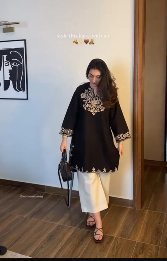 Black Embroidered Kurta with Off-White Palazzo Set