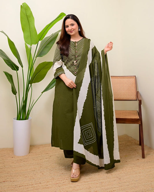 Olive Green Chevron Printed Kurta Set with Dupatta