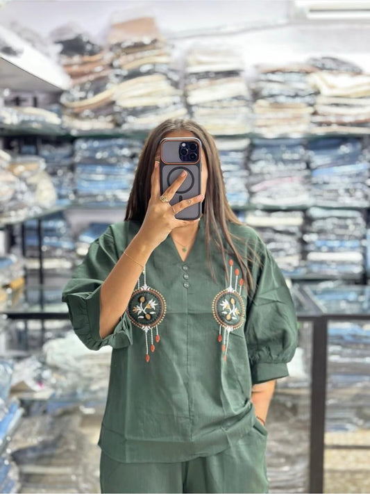 Forest Green Embroidered Co-Ord Set with Relaxed Fit Pants