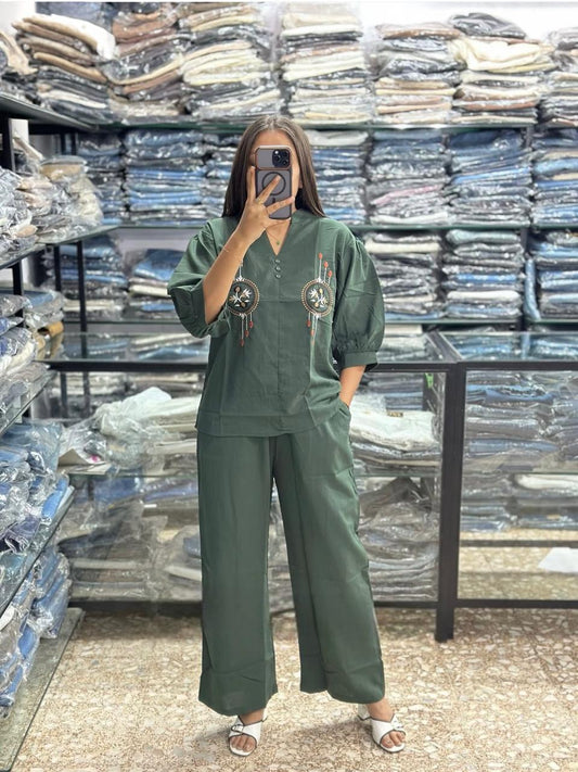 Forest Green Embroidered Co-Ord Set with Relaxed Fit Pants