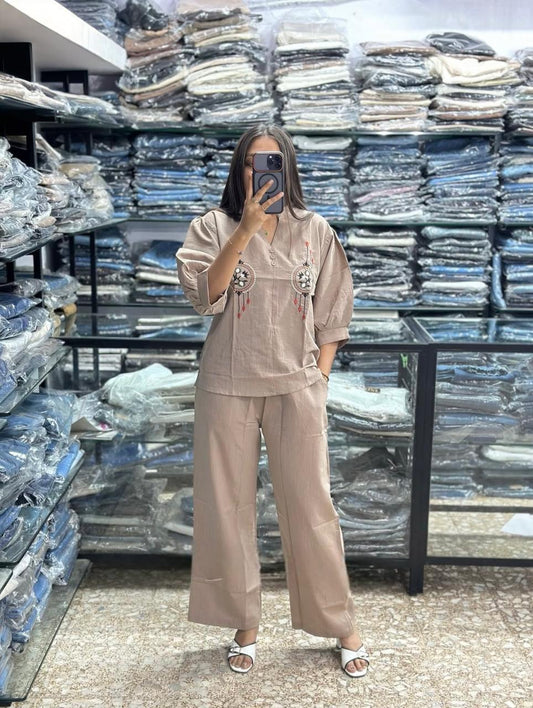 Elegant Beige Embroidered Co-Ord Set with Relaxed Wide-Leg Pants