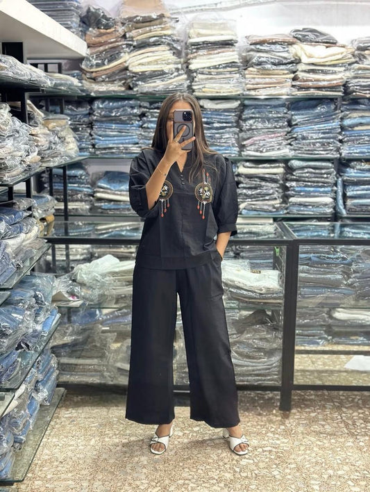 Classic Black Embroidered Co-Ord Set with Relaxed Wide-Leg Pants