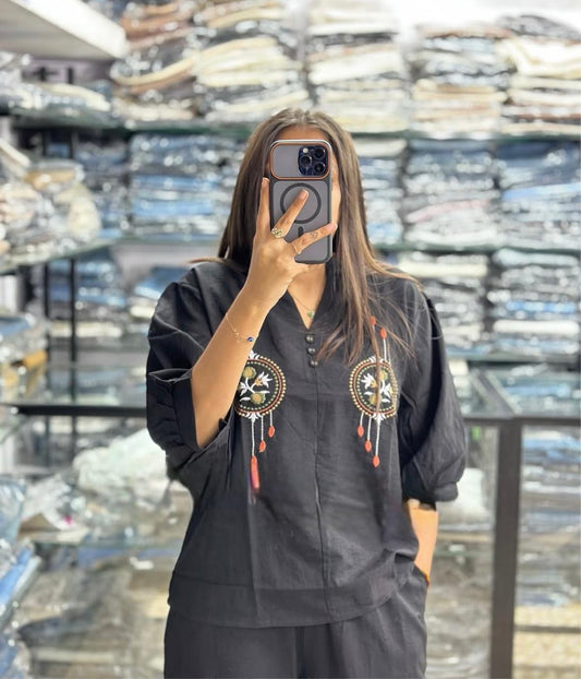 Classic Black Embroidered Co-Ord Set with Relaxed Wide-Leg Pants