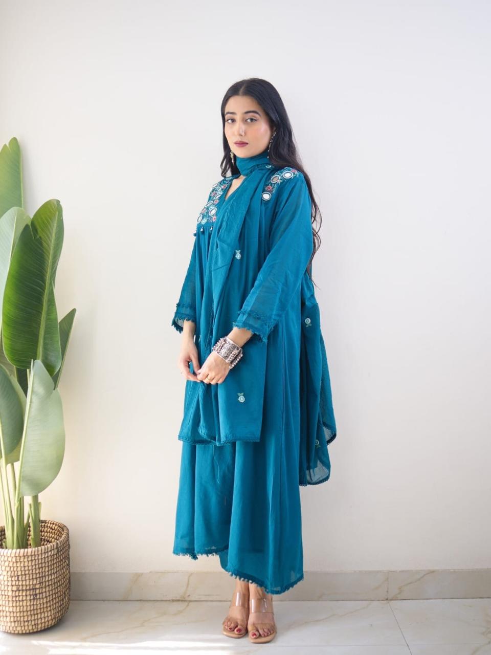 Teal Blue Embroidered Kurta Set with Dupatta