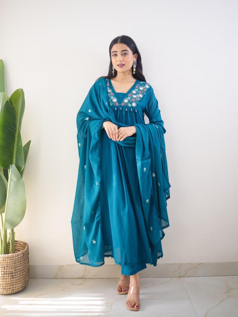 Teal Blue Embroidered Kurta Set with Dupatta