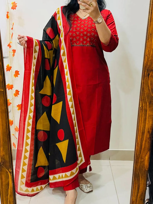 Crimson Red Kurta Set with Geometric Printed Dupatta