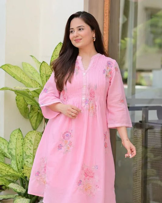 Baby Pink Mulmul Cotton Floral Printed A-Line Kurta Set with Palazzo