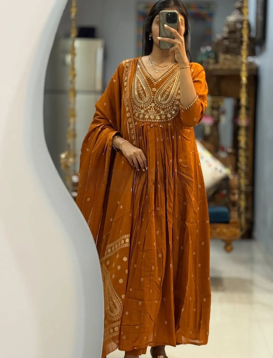 Rust Orange Anarkali Kurta Set with Elegant Thread Embroidery